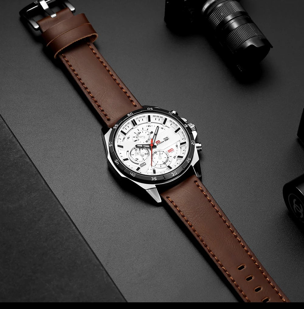 Premium 46mm Large Leather Quartz Sports Wristwacth For Mens - Image 2